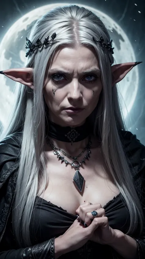  an old elf woman, Her once luminous skin has taken on a ghostly pallor, her eyes gleam with an unsettling intensity, and her long, black streaked silver hair now flows like a river of moonlight. thick black eyeliner, pale blue eyes, Her skin is old and wr...