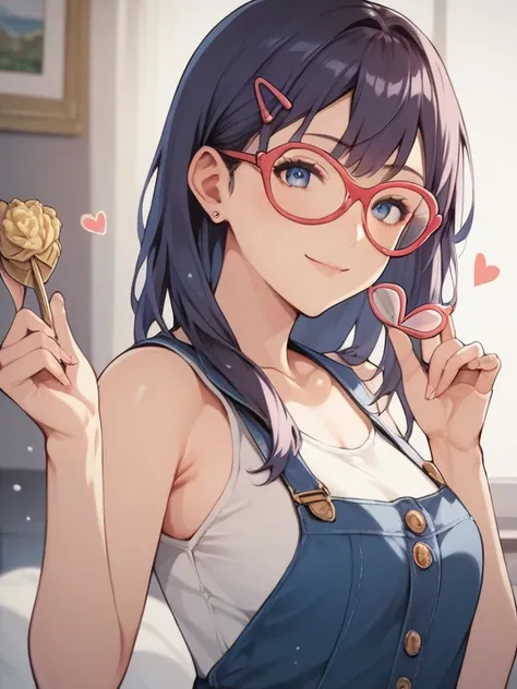  score_9,  score_8_  up the side ,  score_7_  up the side ,  score_6,  score_5_  up the side ,  score_4_  up the side anime 壊す，nsfw， uncensored， masterpiece,  top quality,  so beautiful,   are ridiculous,  1 girl,  heart-shaped framed glasses :1.3, ( large...