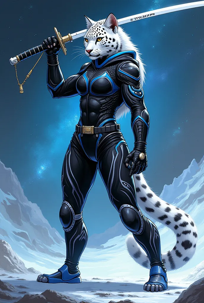 Comic: female space warrior as a snow leopard with black/blue attire, and wields ōdachi sword