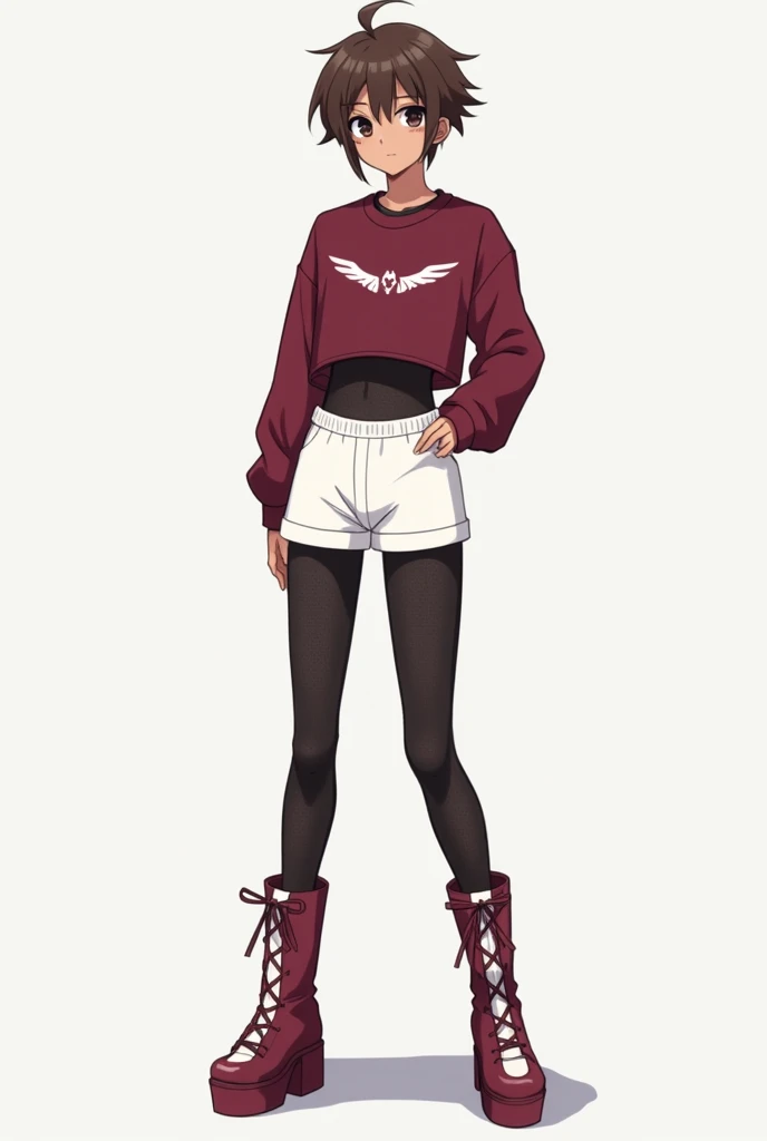 Create a Male character in the style of the Sakamoto Days anime,  that has brown hair ,  black eyes,  Brown skin,  and wears a wine-colored crop top sweatshirt with white details , and a white micro short ,  with black mesh tights ,  some tall boots with a...