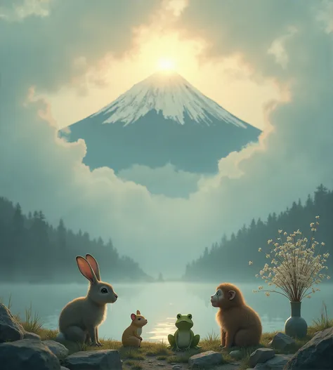 Rabbit🐰、Frog🐸、Monkey🐵、 Mount Fuji　lake　Thick Fog　、vase　乳White、 dried flowers　White、cloud　gap、One　Light、。Strong wind。Are you okay。 will do my best 。entrusting。　