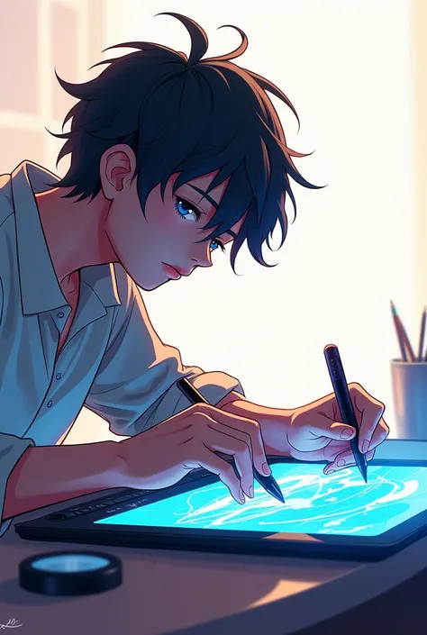 illustration of an illustrator with a pen for digital illustrations drawing on an anime-style graphics tablet