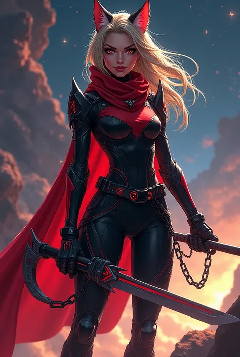 Comic: female space warrior as a lynx with black/red attire, and wields chain-sickle