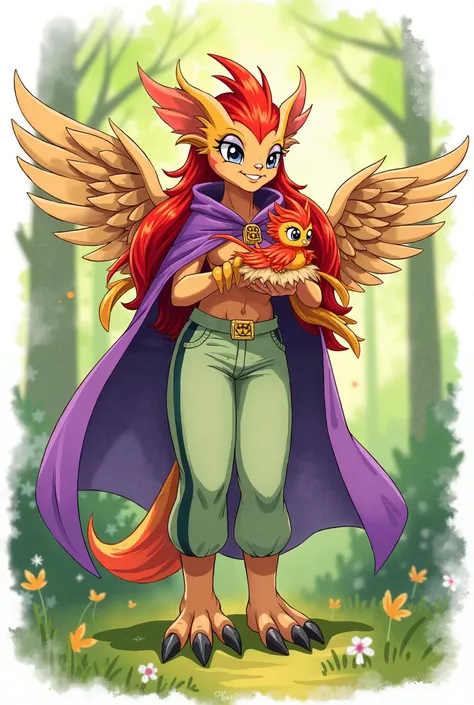 /imagine prompt: a full character  drawing of an hyper mixed, magical bird female creature, with light brown wings. red, orange and yellow long hair, purple cape, light green pants with dark geen line, has avian feet  with sharp  talons. She's holding a ba...