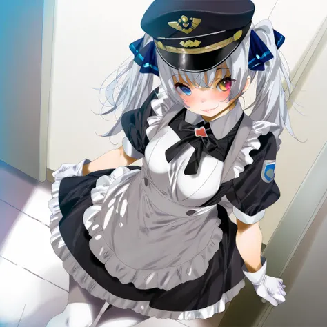  top quality、masterpiece,Midea、 Super High Definition、 one girl、hmmea, twintails, silver hair,hair ribbon, blue ribbon,  heterochromia, hat,  peaked cap, frills, neck ribbon, black ribbon, medium breasts, black dress, puffy short sleeves, black sleeves, wh...