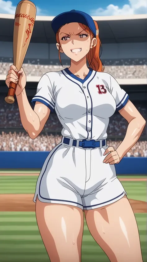  score _9,  score _8_arriba,  score _7_arriba,  score _6_arriba,   source  _animated, 1 girl,  holding a baseball bat, stadium, sweat, way,  baseball uniform ,  medium breasts,  narrow waist,  thick thighs ,  watching the spectator,  cowboy shot ,  dynamic...