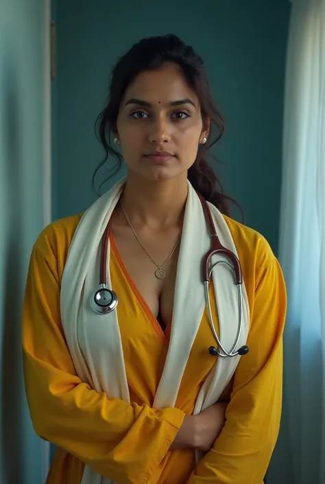 Photo of Indian Mature Aunty doctor with dusky skin, Wearing Tight yellow Kurti and White stole tied around her neck, brown stethoscope hanging around her neck, Showing large Cleavage, Hair tied behind, Dim light in the room.