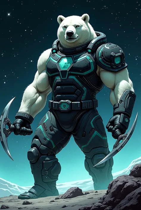 Comic: male space warrior as a polar bear with black/teal attire, and wields a pair of sickles