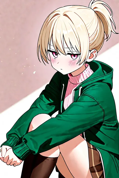  Female High School Student、 Light Blonde、Pale pink eyes、 Unkempt Short Hair 、 lower ponytail、Light Pink Ripped Sweater 、 Green Oversized Jacket、 brown skirt、 brown knee-high、 high quality、 tattered、Hurt、despair、blush、jitome、