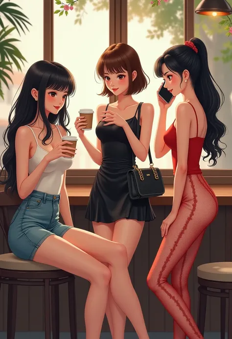 "Three beautiful Asian women at a café. 
The first woman has long black hair, wearing a white spaghetti strap top and denim skirt, sitting on a chair. 
The second woman has short brown hair, wearing a black spaghetti strap top and micro skirt, standing whi...