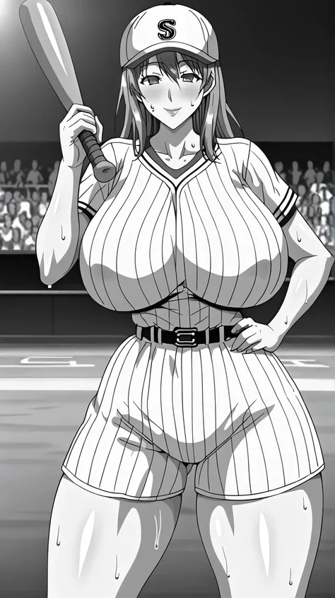  1 girl,  holding a baseball bat, stadium, sweat, way,  baseball uniform ,  huge breasts,  narrow waist,  thick thighs ,  watching the spectator,  dynamic pose, beautiful,  general plan , Alone ,  sexually suggestive,  light smile,  a closed eye,  blushed