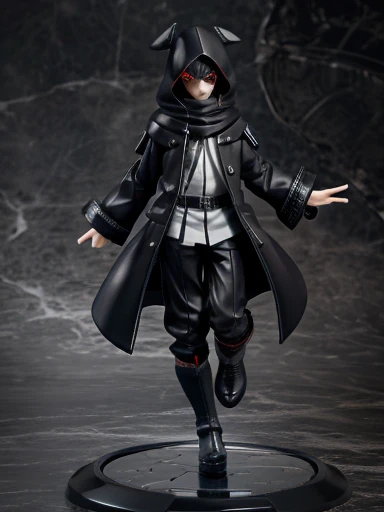 ((best quality)), ((masterpiece)), (detailed), 1 boy, full body, 2, young adult, long black scarf, bandage covering mouth, glowing eyes, 1 scratch on right eye, hood black, black skin, messy hair, black coat, loose sleeves, tall, thin, white zigzag marking...