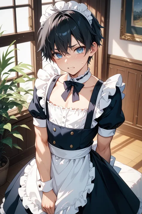 Generates adult images。Male, 29 years old、Androgynous face、Straight black hair that doesn't reach his shoulders、Slender, muscular, thin chest、Narrow shoulders 。He is wearing a ruffled, open-chested maid uniform、The skirt length of his maid uniform is short...