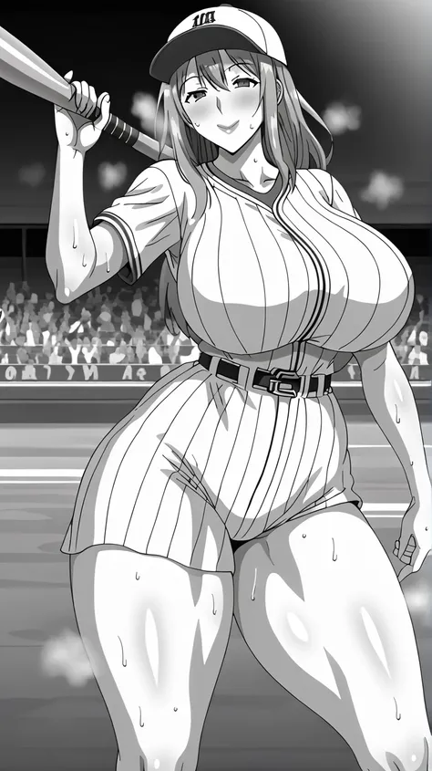  1 girl,  holding a baseball bat, stadium, sweat, way,  baseball uniform ,  huge breasts,  narrow waist,  thick thighs ,  watching the spectator,  dynamic pose, beautiful,  general plan , Alone ,  sexually suggestive,  light smile,  a closed eye,  blushed,...