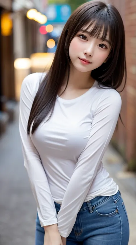 ((((She's a pretty slender high school girl、 very beautiful and delicate face)))).( laugh shyly, Deep Valley), ((( white long sleeve t-shirt  )))、(((Thick denim pants、))):1.3), ( big breasts.),  Her hair is Bob , (  beautiful face:1.2),   high quality,  by...