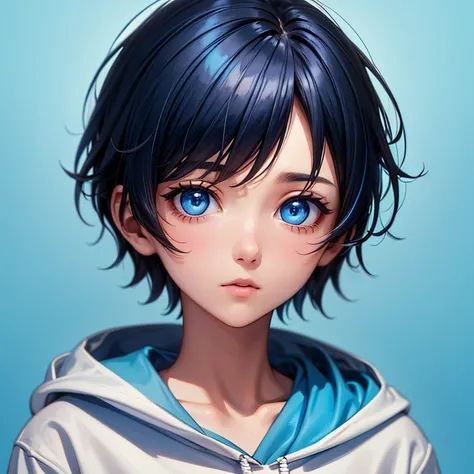  1 number,  with simple blue mascara , without mouth,  brown eyes,  short cut brown hair , blue hoodie .  Simple blue and light blue background , How to paint simple .  Head-to-neck photograph only,  Anatomically Correct.