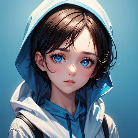  1 number,  with simple blue mascara , without mouth,  brown eyes,  short cut brown hair , blue hoodie .  Simple blue and light blue background , How to paint simple .  Head-to-neck photograph only,  Anatomically Correct.