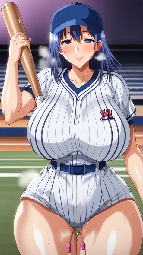  1 girl,  holding a baseball bat, stadium, sweat,  baseball uniform ,  huge breasts,  narrow waist,  thick thighs ,  watching the spectator,  dynamic pose, beautiful,  general plan , Alone ,  sexually suggestive,  light smile,  blushed,  exhaling steam , s...