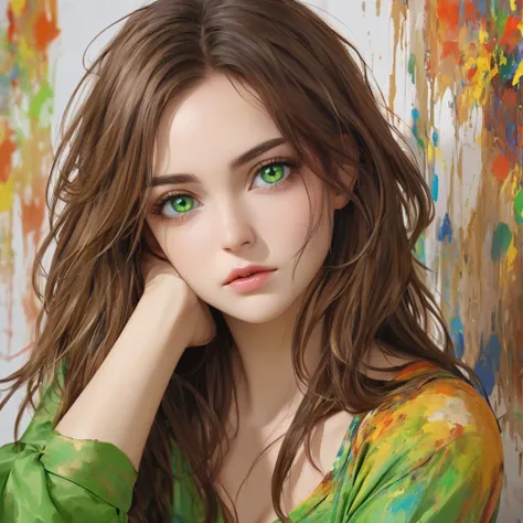 a woman, long messy brown hair, intense green eyes, paint stained hands, wearing loose colored stained clothing. Sexy, hot, babe,half portrait, in a painting studio, concentrating, looking at viewer, close up