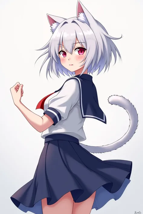 A 3D anime style female. She has short untamed white hair, light skin, cat ears, and a white fluffy tail. She wears a a sailor's shirt and a navy blue skirt that ends at her knees.