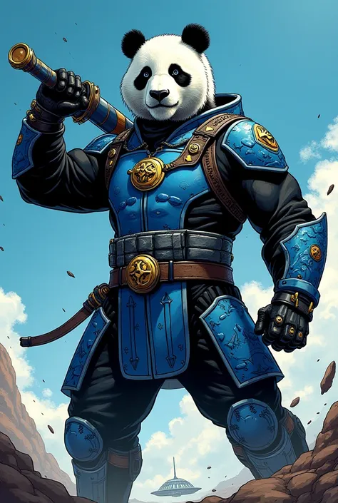 Comic: male space warrior as a panda bear with black/cornflower blue attire, and wields a kanabō