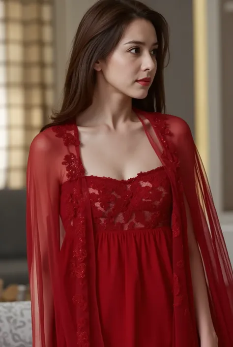 A beautiful woman, wearing a red nightgown and lace, looks at the camera with long hair draped over her shoulders, gazing sideways from right to left. The background is a home environment, with a photography style of indoor lighting, close up shots, soft t...