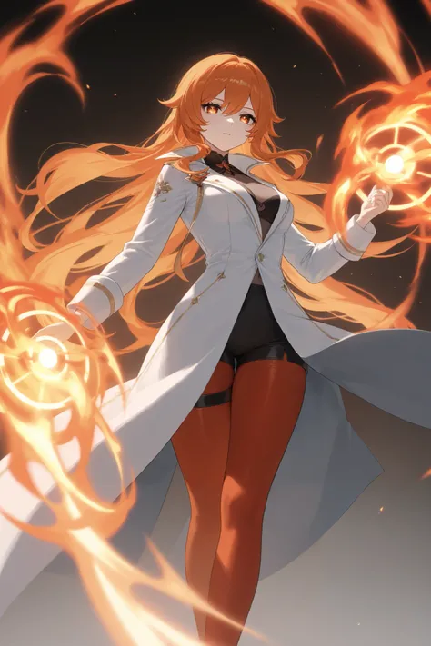 、 best thighs、 Genshin、Dispatched Light Wheel、 beautiful skin、Clear shadows、front、 cyber long coat、 orange hair、Red tights、Machine clothes、 long hair、Machine Eyes、Aura of Fire