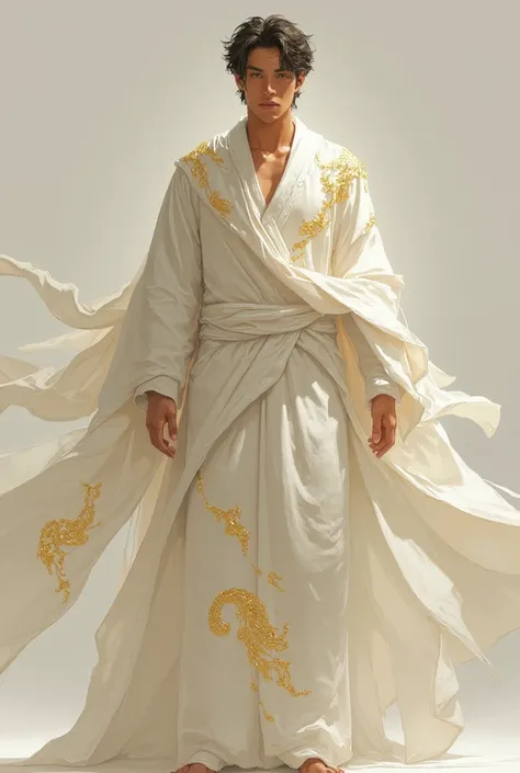 Handsome young man in white and with golden scriptures in his robes 