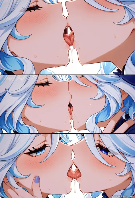 high resolution picture, masterpiece, best quality, amazing quality, official art,  2girls, blush, female, female_only, french_kiss, furina_(genshin_impact), babara_(genshin_impact), kissing, nail_polish, open_mouth, saliva ,tongue, yuri