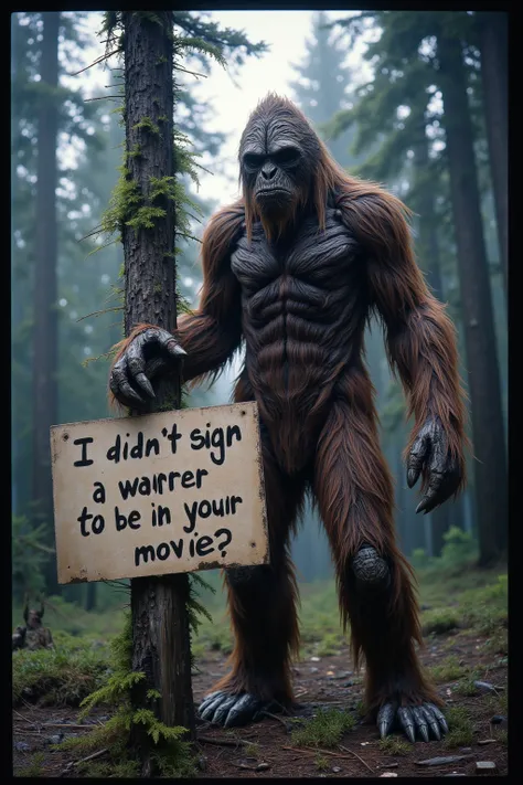 16mm arriflex film style, vintage footage feeling, slightly out of focus, Mysterious forest giant, sasquatch, wood ape, holding a sign on a post that reads "I didn't sign a waiver to be in your movie"