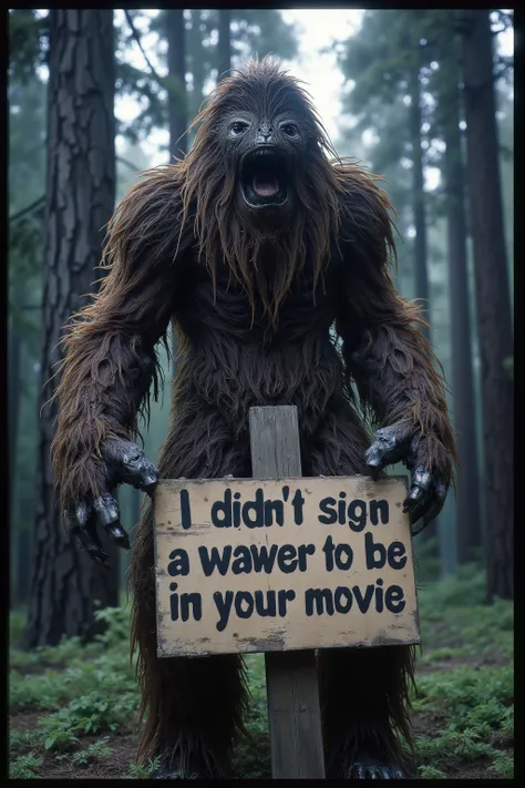 16mm arriflex film style, vintage footage feeling, slightly out of focus, Mysterious forest giant, sasquatch, wood ape, holding a sign on a post that reads "I didn't sign a waiver to be in your movie"