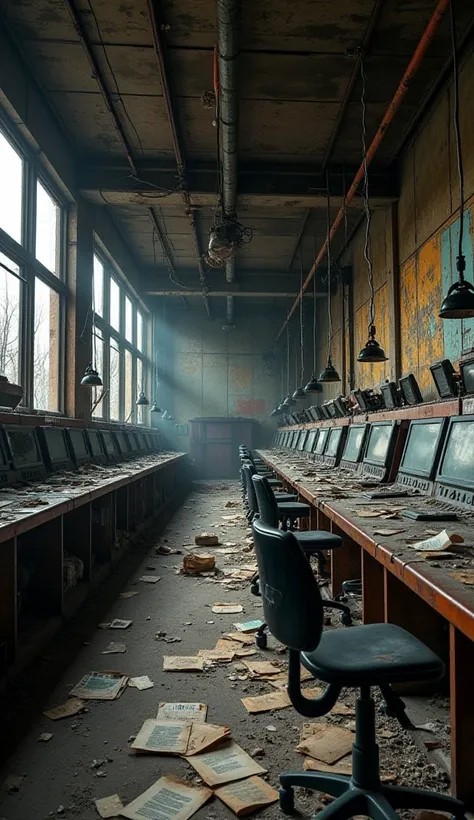  Rusted Control Room

A forgotten control room inside an abandoned factory, filled with rusted panels, broken monitors, and scattered documents covered in dust. The cracked windows allow dim light to filter in, casting long shadows over the neglected contr...