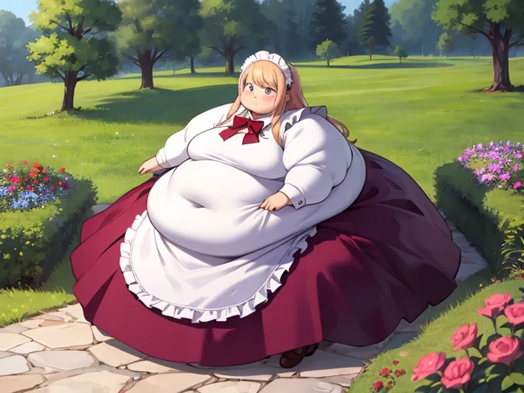 masterpiece,  best quality of wells, Advanced Details ,  very obese ,  girl,  cute,  sitting on the floor,  very obese ,  My stomach is very sticking out, very big legs , Standing in the garden ,  The entire dress completely covers the body.、(pink long sle...