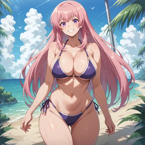 Honami Ichinose (Classroom Of The Elite).(  Long Pink Hair ),(  violet eyes), ( smile),( big breasts), bikini multicolor. esta caminando por una playa tropical.