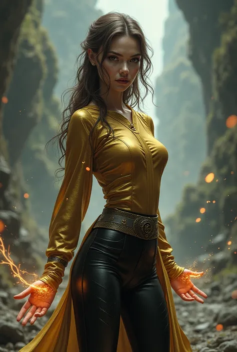 Create an image of an RPG magician with half-tied brown hair wearing black leather pants and a gold-sleeved shirt 