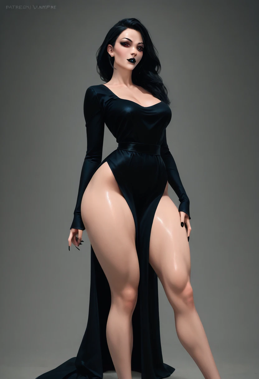 a vampire with big thighs wearing a short black dress and a black lipstick and black hair