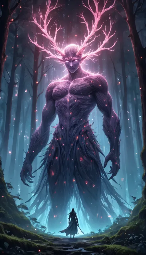 Giants standing in a mysterious forest ,  spirits materialize and shape giants, Written with an illumination pen, Inside the forest shrouded in darkness ,  a forest full of fresh greenery that continues to grow ,  mystical fantasy , 