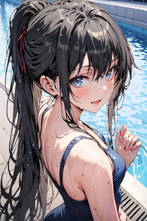  Yukinoshita Yukino ,  Yukinoshita Yuki's  ,  black hair,  blue eyes,  long hair, stupid hair, ponytail,smile,blush, open your mouth, school swimsuit,Bare legs, wet skin on the wall, wet swimsuit , wet hair, is standing,whole bodyがイラストに入るように,
break outdoor...