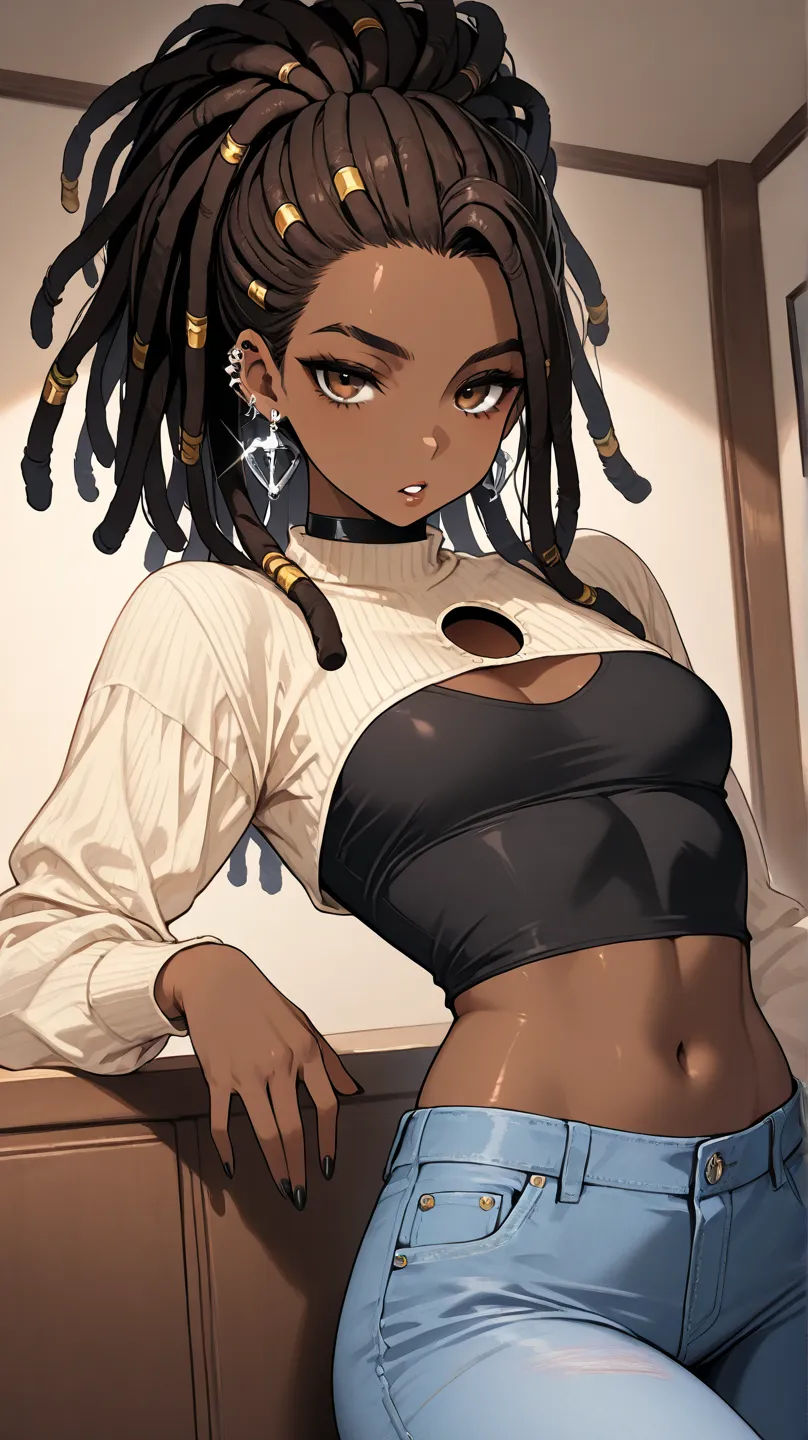 1Girl, Mature, Ebony, African American, Dark Brown Skin, Jet Black Thin Dreadlocks, Medium Straight Dreadlocks In Ponytail, Shiny Hair, Bright Brown Eyes, Black Nails, Dark Brown Eye Shadow, Medium Chest, Yellow Baggy Cropped High-Cut Long-Sleeve Turtlenec...