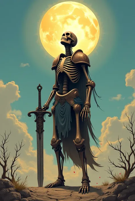 skeleton knight looking at the sun 