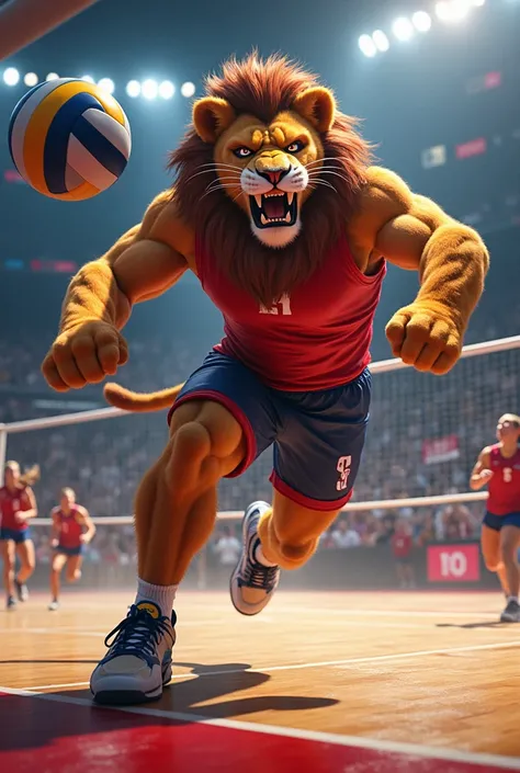 Image of a lion mascot of a volleyball team playing volleyball