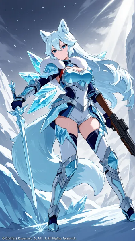 Waifu adult Arctic ice fox,  with fox ears and tail,  with military armor, A gun, With a sword of ice 