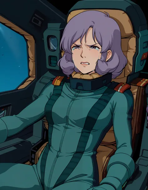 masterpiece, best quality,Rosamia Almond, purple hair,  1girl , pilotsuit, gauntlet, Alone、 is the cockpit in the background、 sits in the cockpit、 crying face