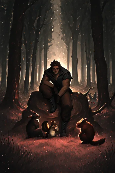 1 people, (giant man), dark green skin, Slightly torn jacket, dark brown pants, lace-up boots, golden eye, Calm Eyes, Gentle smile, Dark brown hair, disheveled hair, Lumberjack Axe, (dignified appearance, strong-muscled), sitting on a fallen tree, Herd of ...