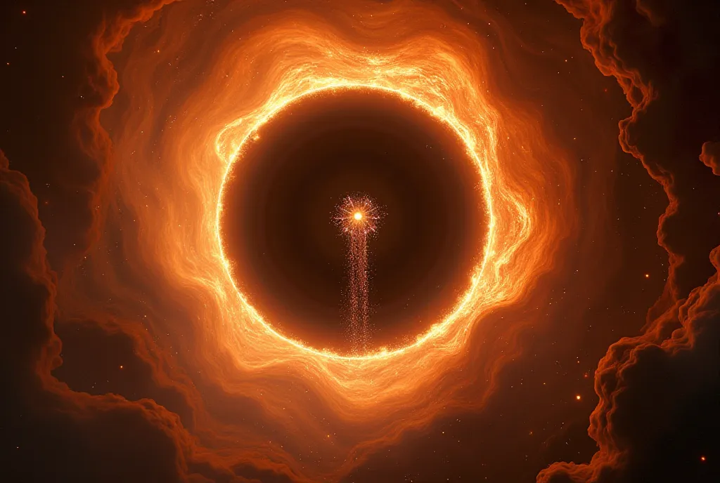 A black hole with orange hues, with a divine aura, and in the center, an advanced high-tech device 