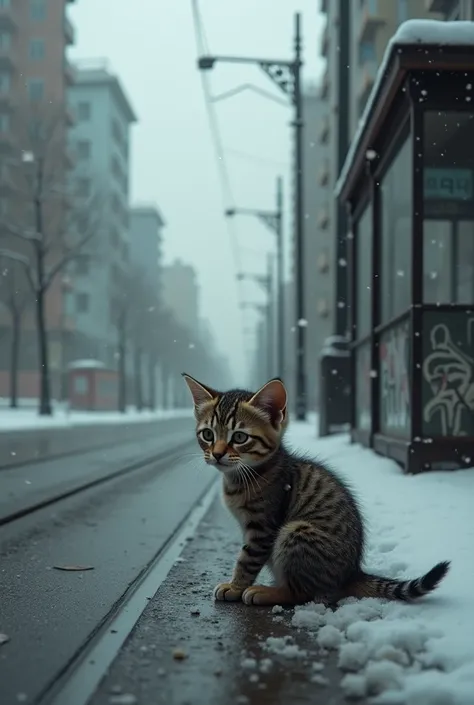 A poor kitten is waiting for a BMW tram stop and it's snowing outside