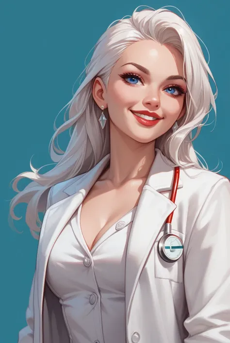 1 solo, woman, long straight white hair, thin, blue eyes and lips, red and white doctor's outfit, red and white lab coat, smiling, clear background 