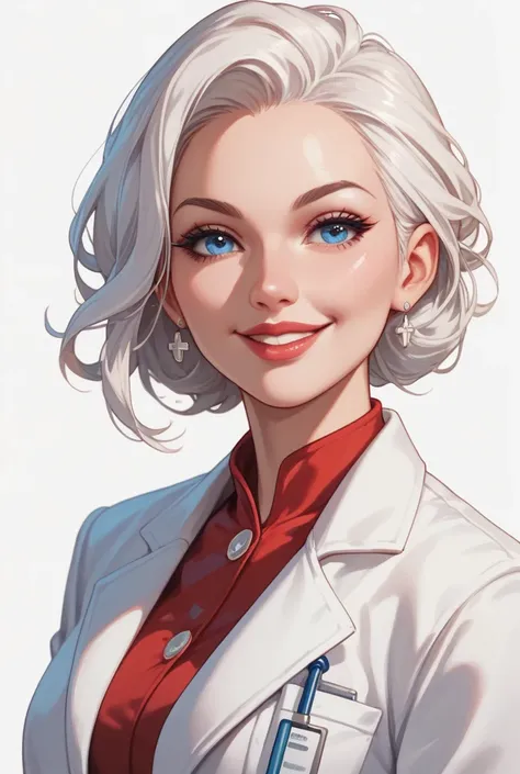 1 solo, woman, long straight white hair, thin, blue eyes and lips, red and white doctor's outfit, red and white lab coat, smiling, clear background 