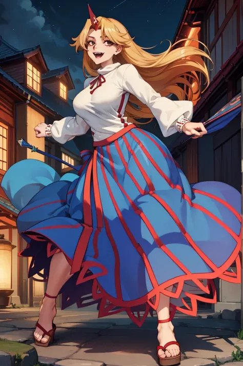 hoshiguma yuugi, european medieval cloths, crazy smile, medium breast, large skirt, long skirt, flipflops, full body, standing, medieval clothing,long skirt,(best quality,4k,8k,highres,masterpiece:1.2),ultra-detailed,(,1.37),portraits,vivid colors,warm ton...