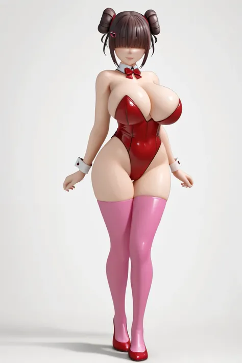 female, cute, sexy, white background, standing up straight, chocker, wearing a tight tiny bunny suit, bangs over eyes, E-cup size breasts, hair in a bun, hair pins, massive tits, 4k, high render, 3d model, front profile, 